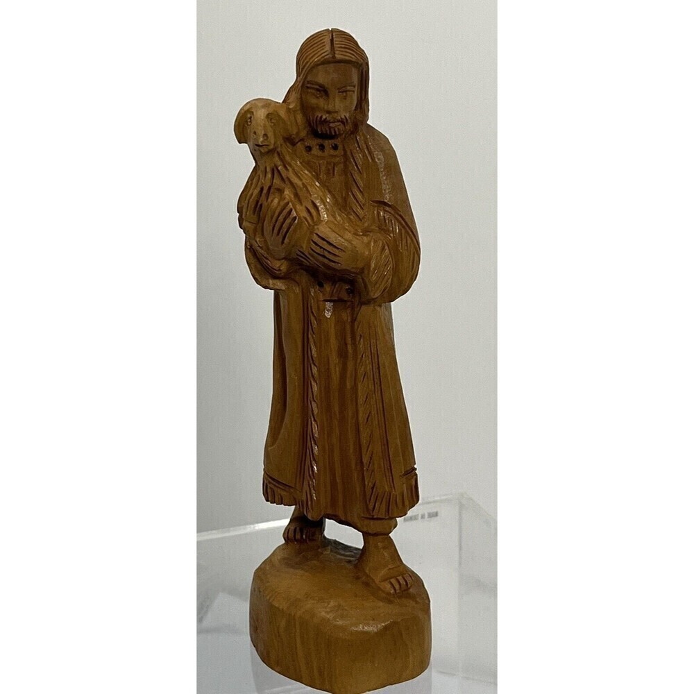 Vintage Folk Art Hand Carved Olive Wood SHEPHERD w/ Lamb Figurine - Garden Tomb